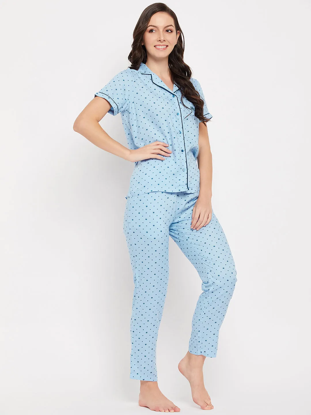 mSECRET Lapel Collar Printed Top and Bottoms Blue Cotton Nightsuit