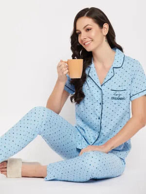 mSECRET Lapel Collar Printed Top and Bottoms Blue Cotton Nightsuit