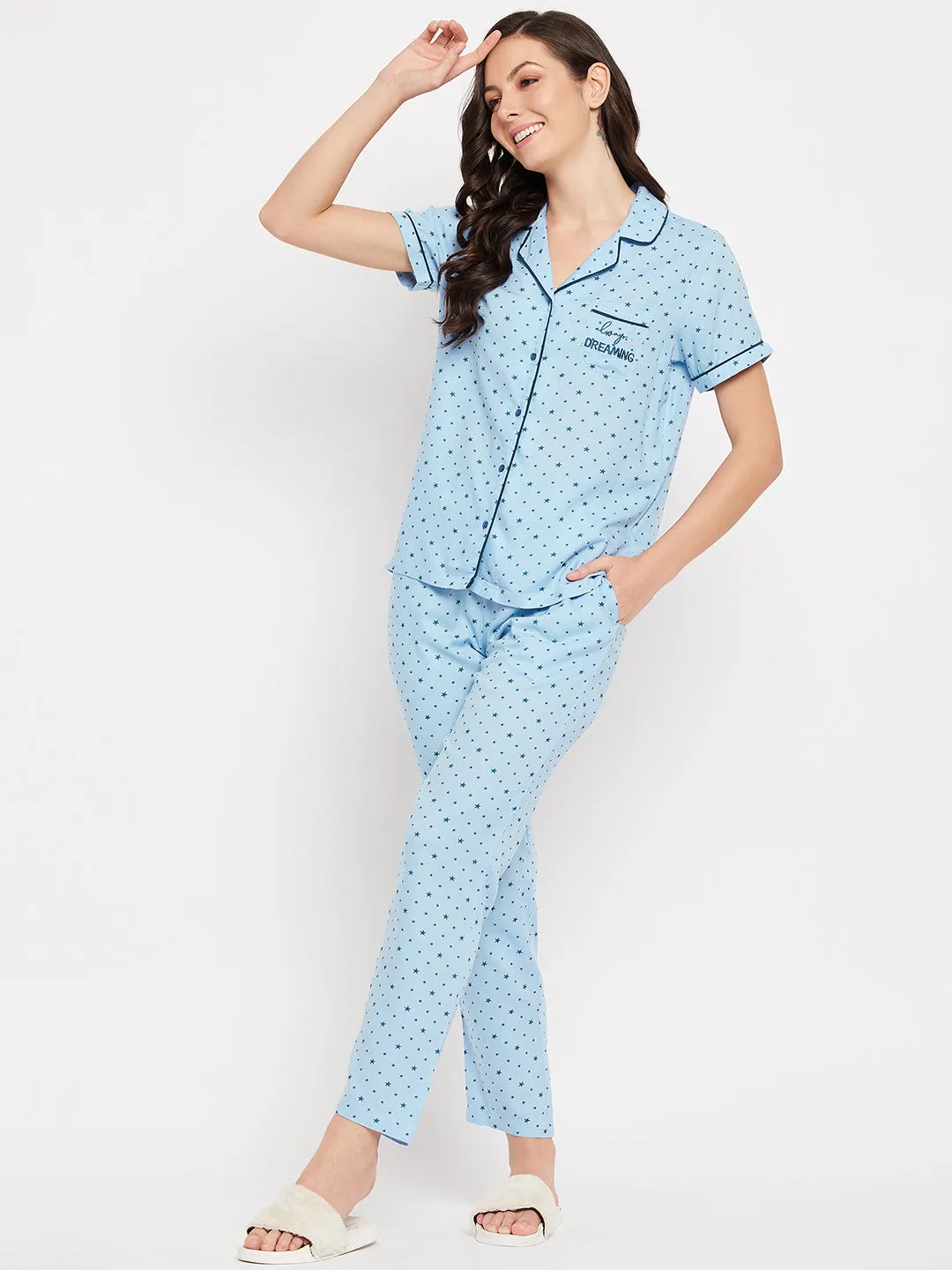 mSECRET Lapel Collar Printed Top and Bottoms Blue Cotton Nightsuit
