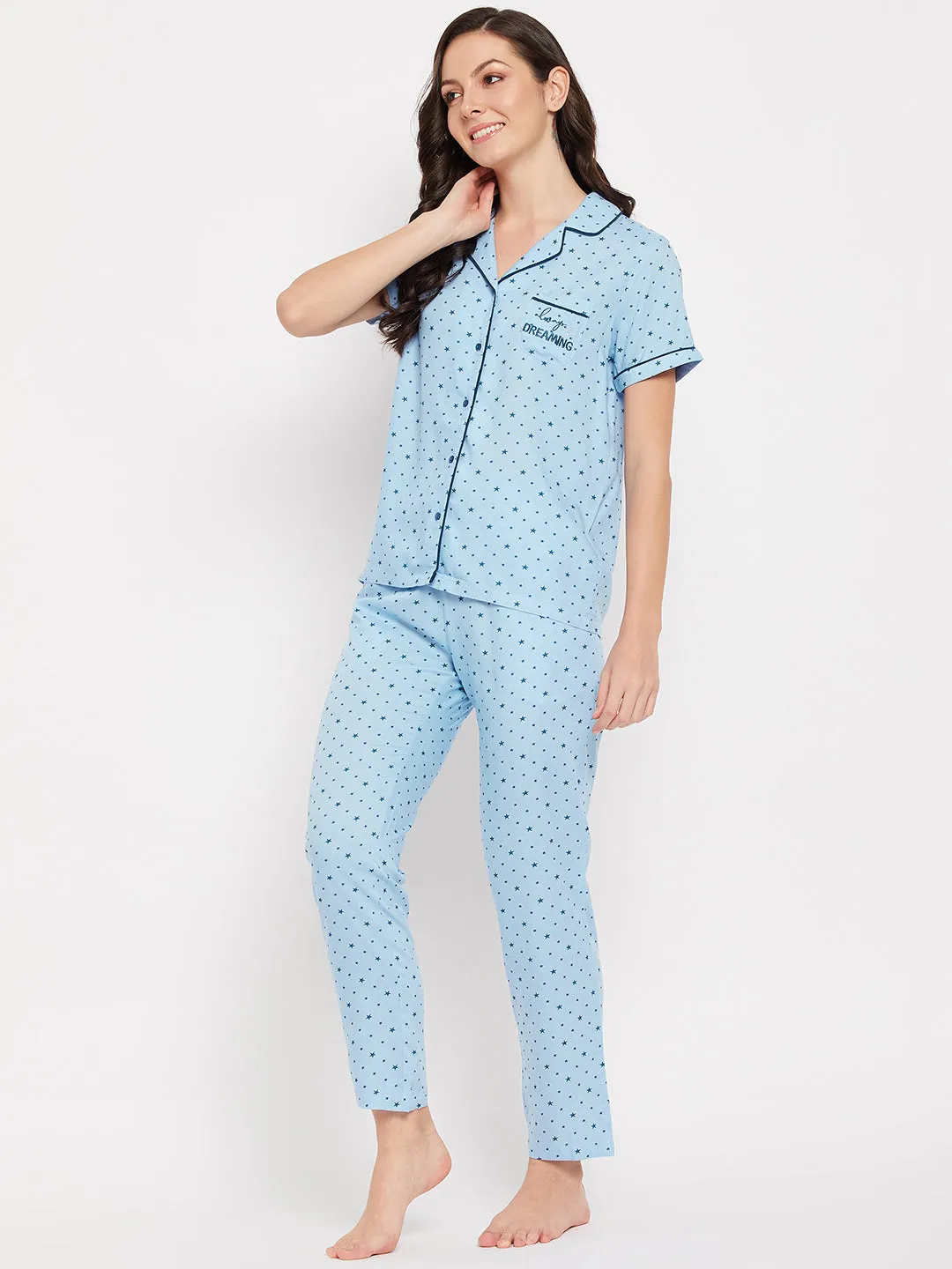 mSECRET Lapel Collar Printed Top and Bottoms Blue Cotton Nightsuit