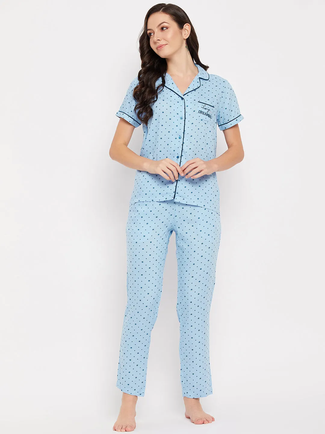mSECRET Lapel Collar Printed Top and Bottoms Blue Cotton Nightsuit
