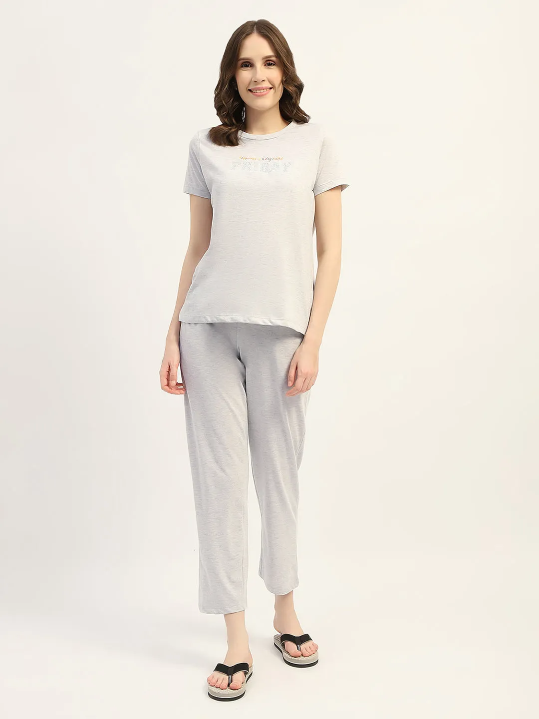 mSECRET Printed Ecru Cotton Blend Nightsuit Set