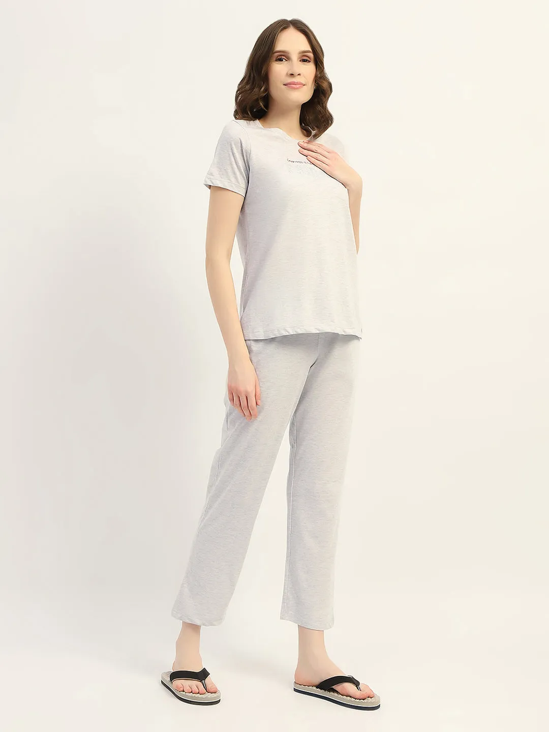 mSECRET Printed Ecru Cotton Blend Nightsuit Set