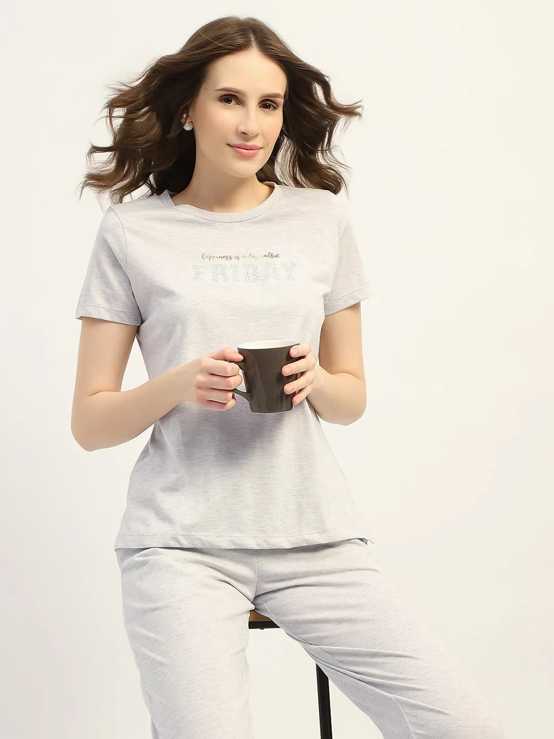mSECRET Printed Ecru Cotton Blend Nightsuit Set