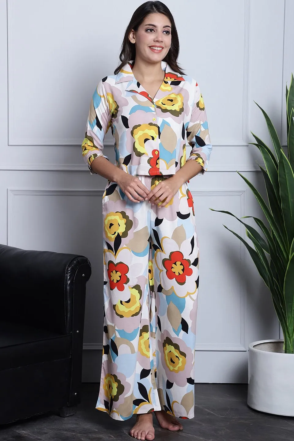Multi-Color Abstract Printed Viscose Rayon Night Suit for Women | S-XL | Claura