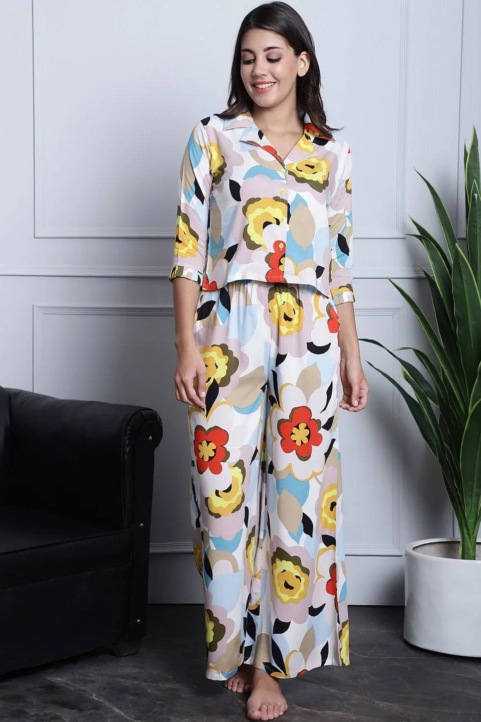 Multi-Color Abstract Printed Viscose Rayon Night Suit for Women | S-XL | Claura