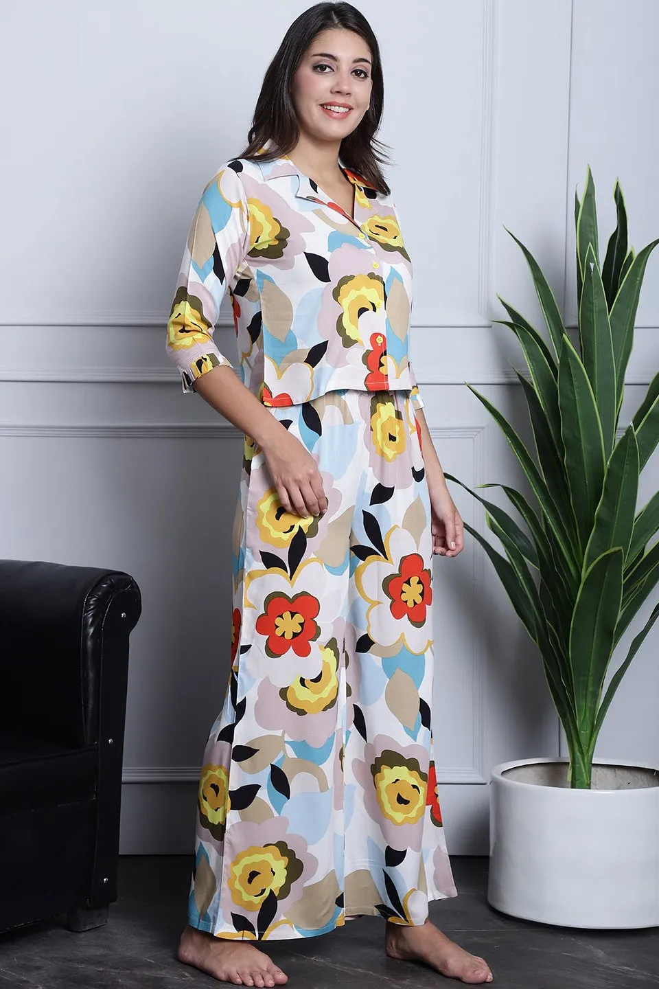 Multi-Color Abstract Printed Viscose Rayon Night Suit for Women | S-XL | Claura
