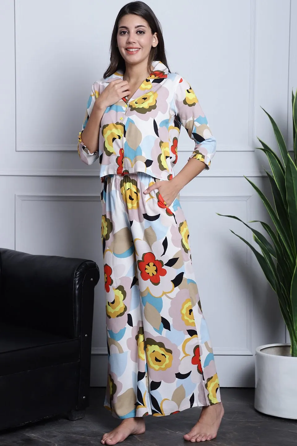 Multi-Color Abstract Printed Viscose Rayon Night Suit for Women | S-XL | Claura