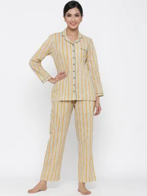 Mustard Ethnic Print Straight Cotton Sleepwear