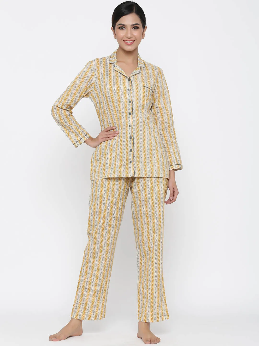 Mustard Ethnic Print Straight Cotton Sleepwear