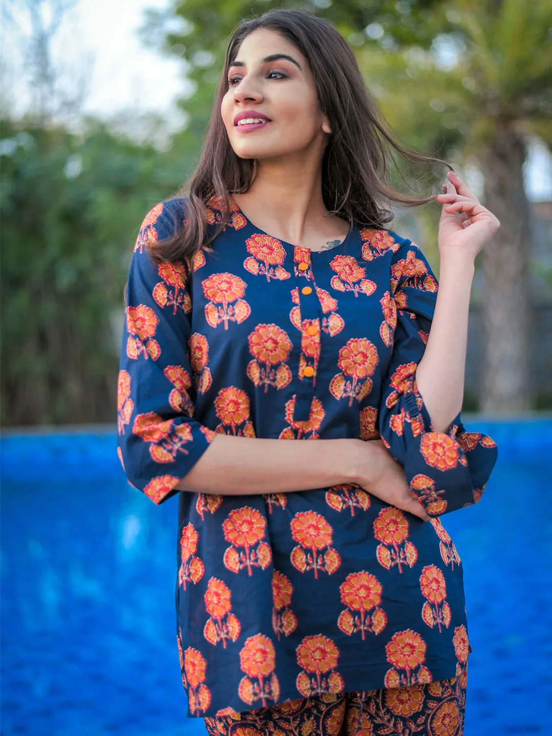 Navy Blue Print Straight Cotton Short Kurta With Pyjamas