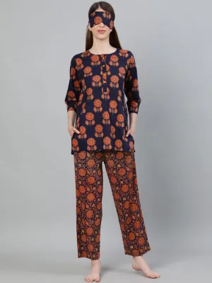 Navy Blue Print Straight Cotton Short Kurta With Pyjamas
