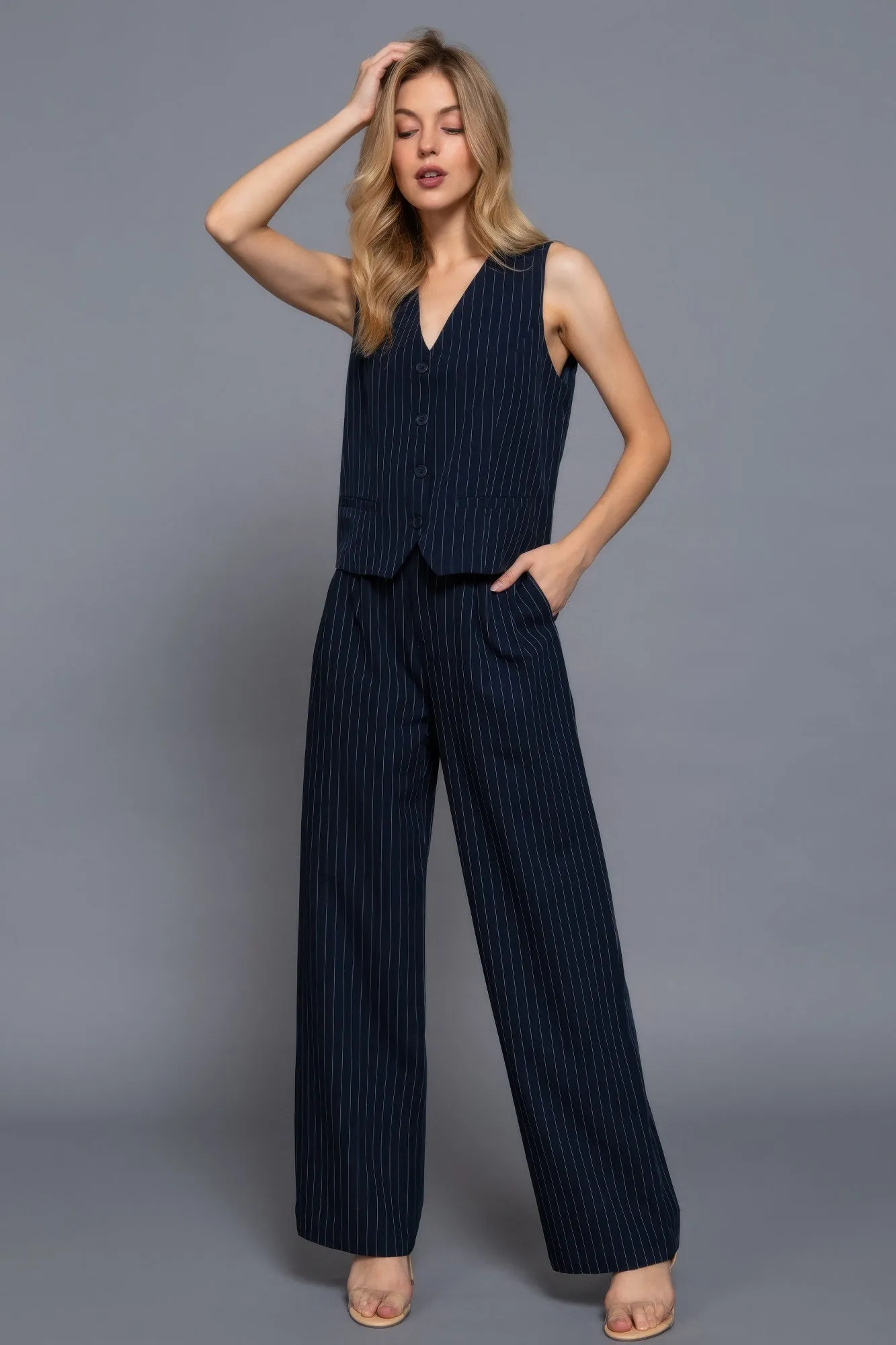 Navy Pinstripe Woven Straight Pants