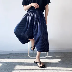 Neo Japan Samurai Hakama Style Pinstripe Skirt Pants (Navy)