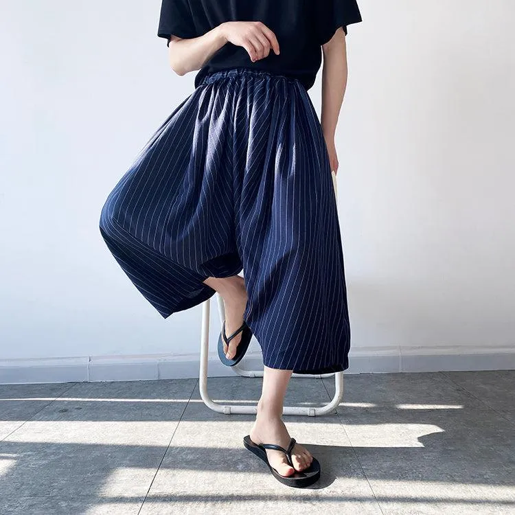 Neo Japan Samurai Hakama Style Pinstripe Skirt Pants (Navy)
