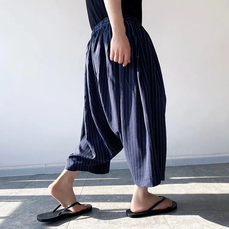 Neo Japan Samurai Hakama Style Pinstripe Skirt Pants (Navy)