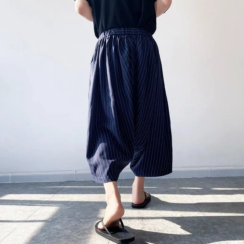 Neo Japan Samurai Hakama Style Pinstripe Skirt Pants (Navy)