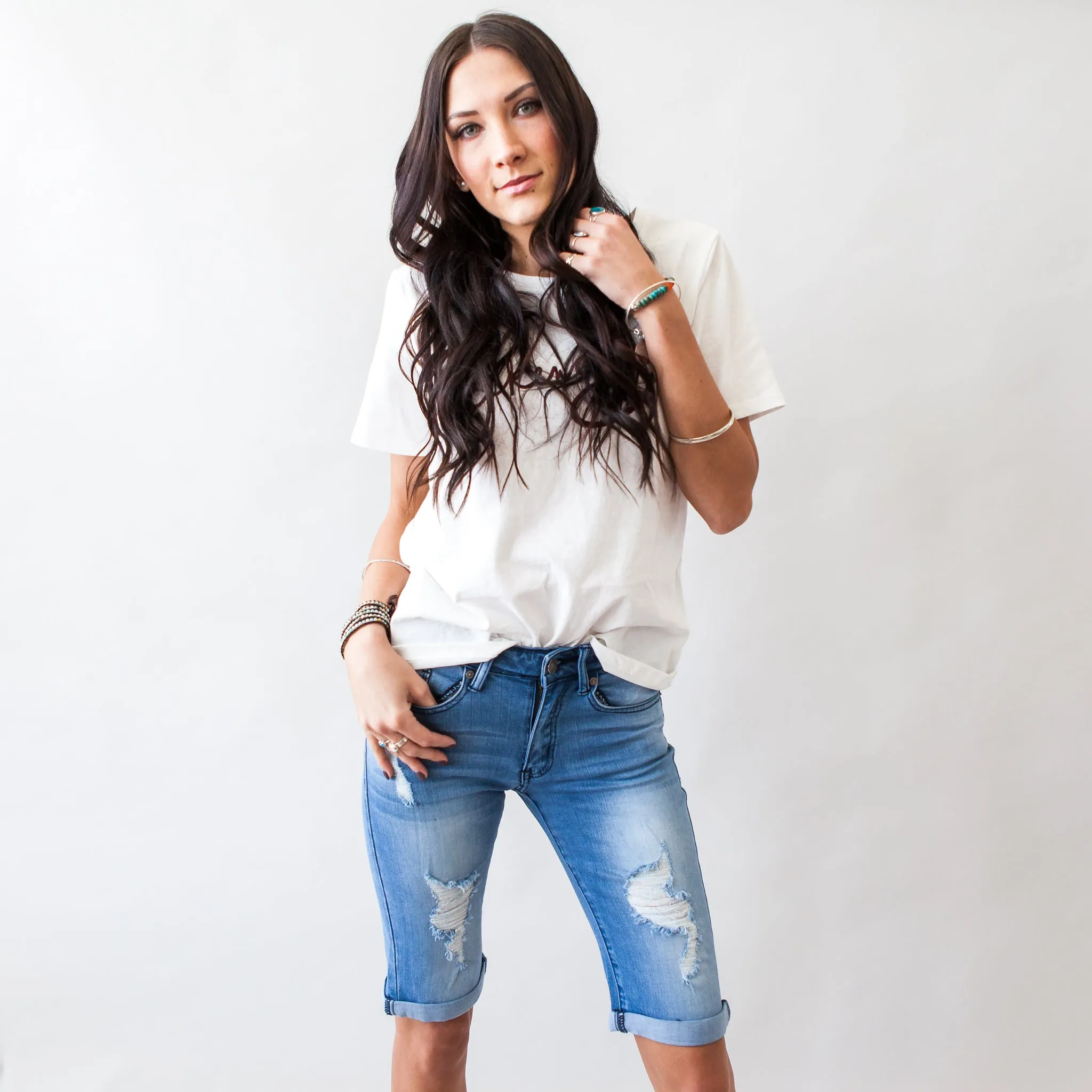 Not Alone Distressed Kancan Bermuda Shorts in Blue