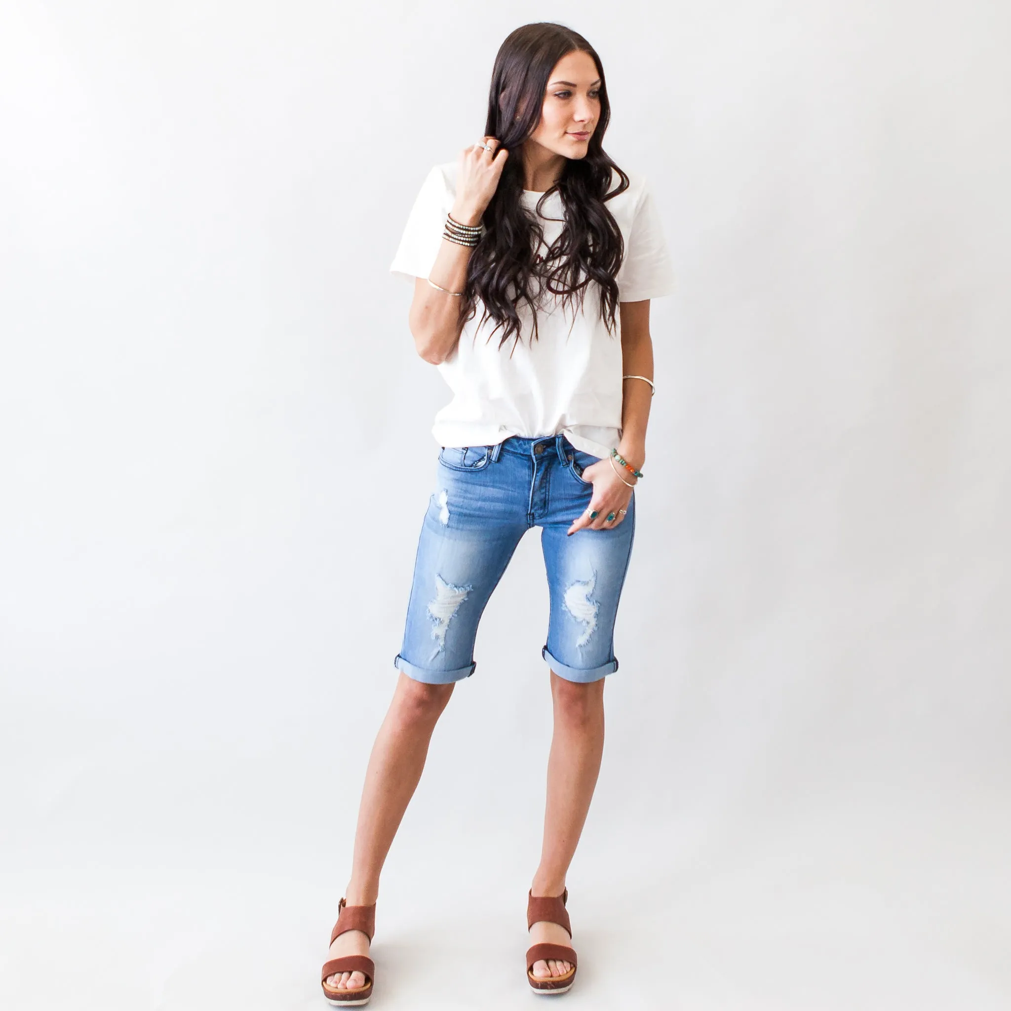 Not Alone Distressed Kancan Bermuda Shorts in Blue