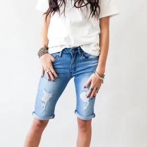 Not Alone Distressed Kancan Bermuda Shorts in Blue