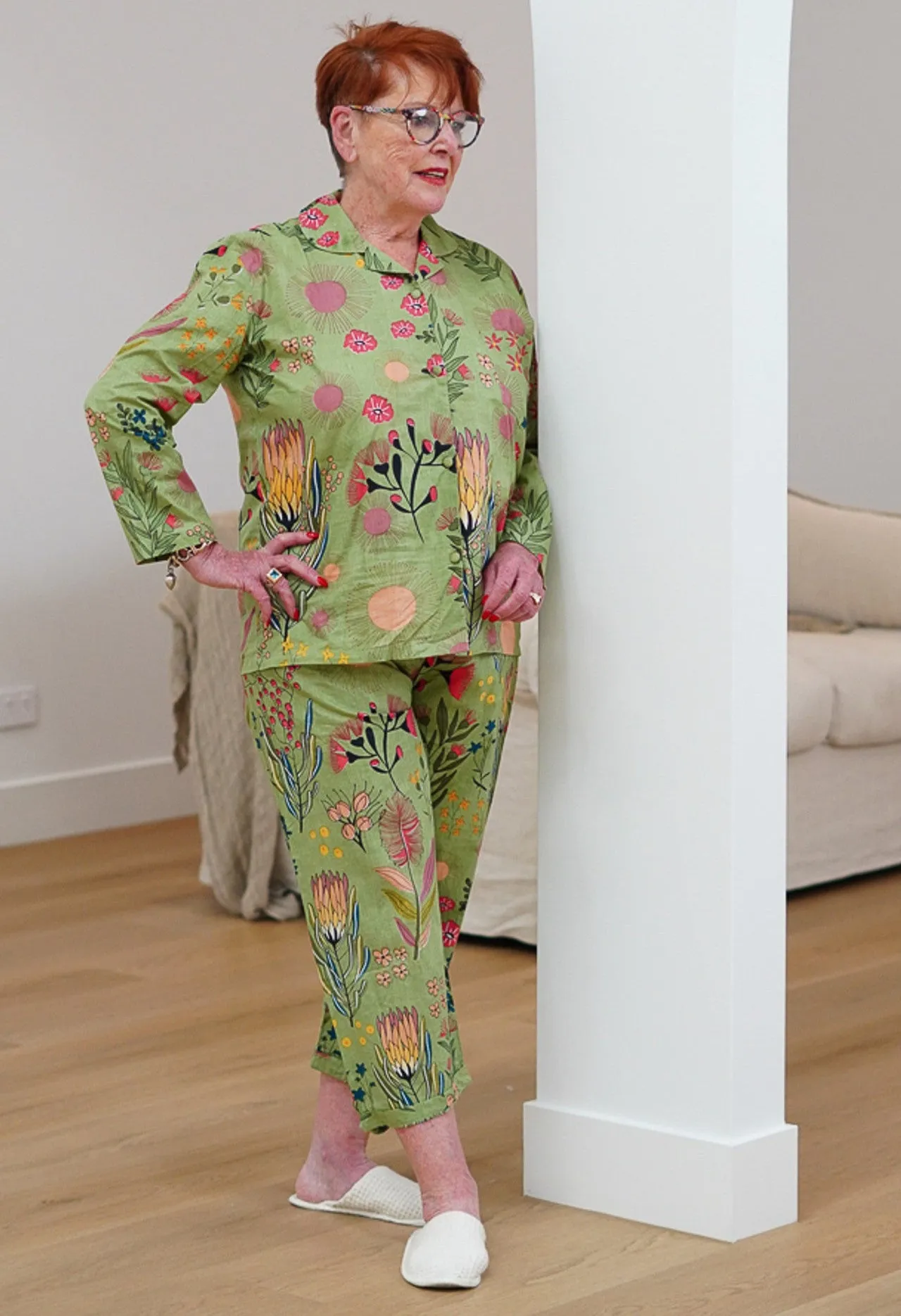 Olive Green Protea Print Long PJ Set