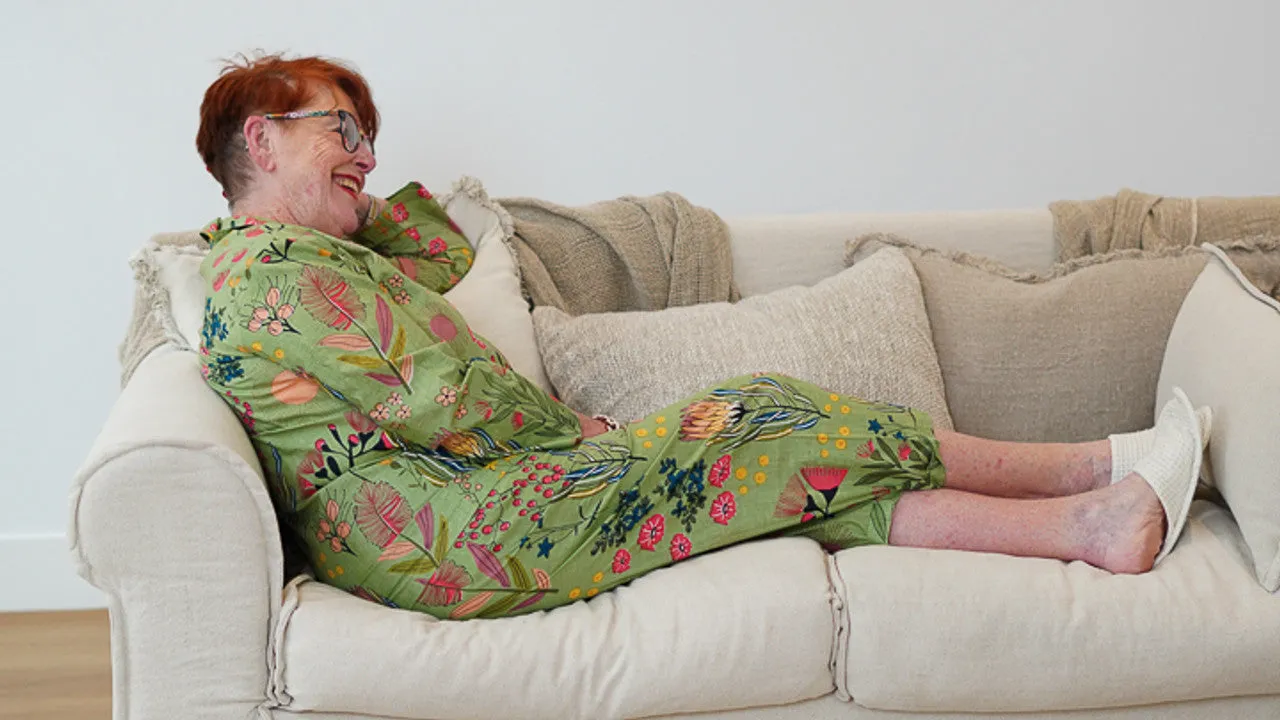 Olive Green Protea Print Long PJ Set
