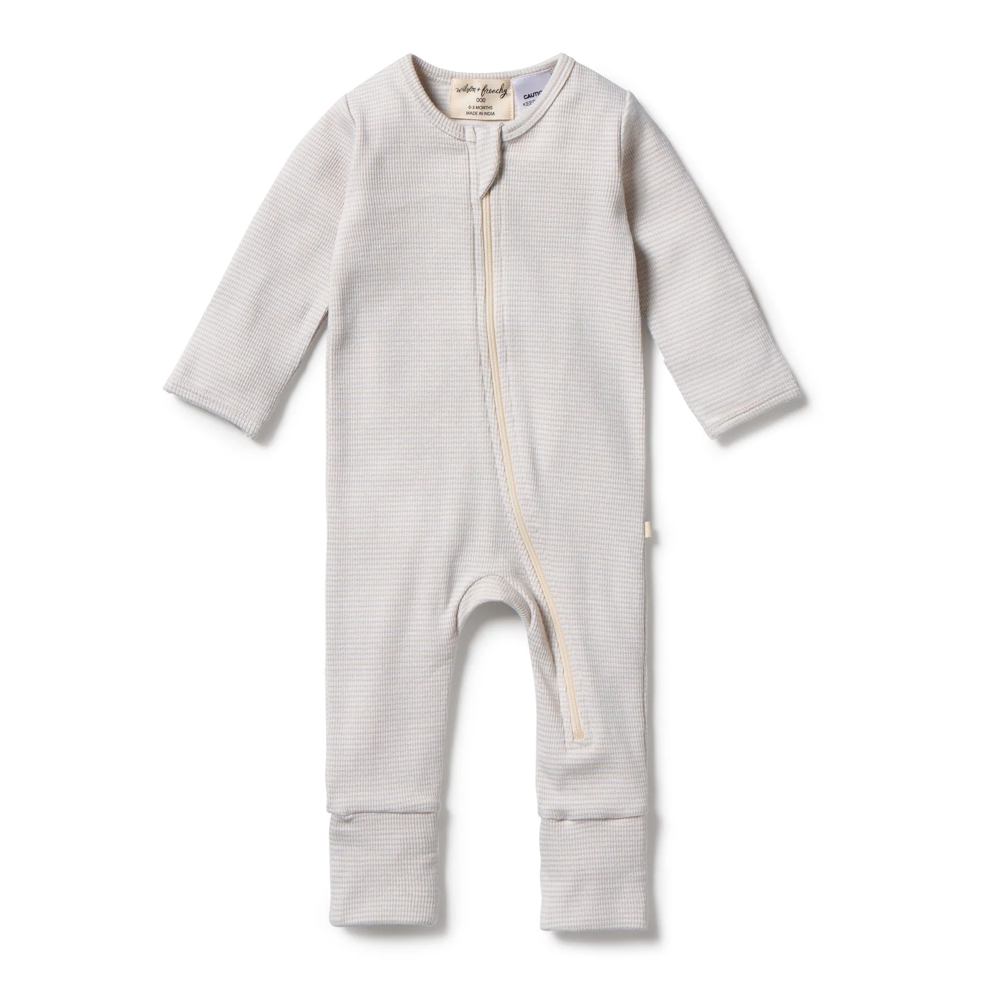Organic Stripe Rib Zipsuit with Feet- Dawn