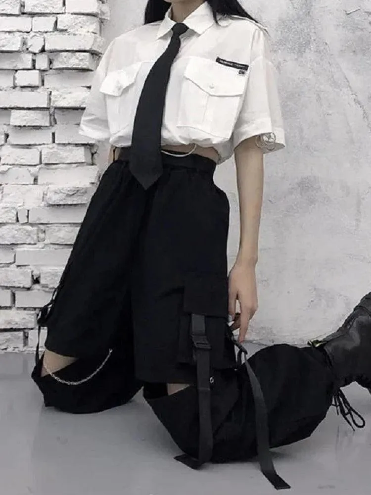 Oversize Gothic Women's Cargo Pants with Chain - Punk Techwear Style