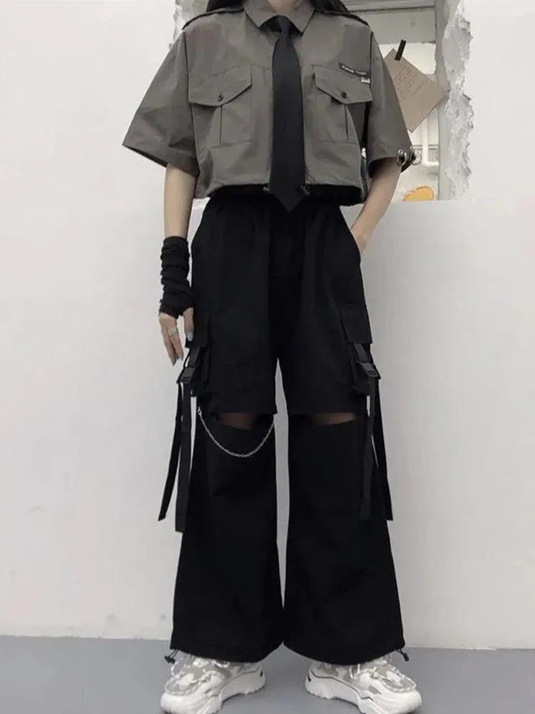 Oversize Gothic Women's Cargo Pants with Chain - Punk Techwear Style
