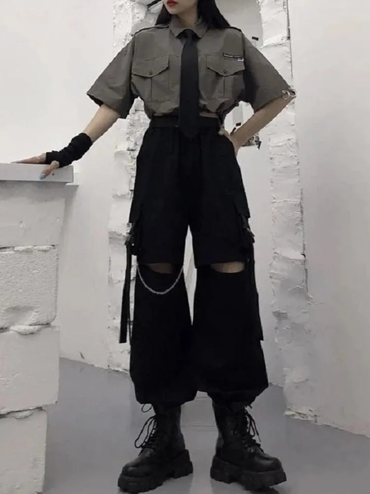 Oversize Gothic Women's Cargo Pants with Chain - Punk Techwear Style
