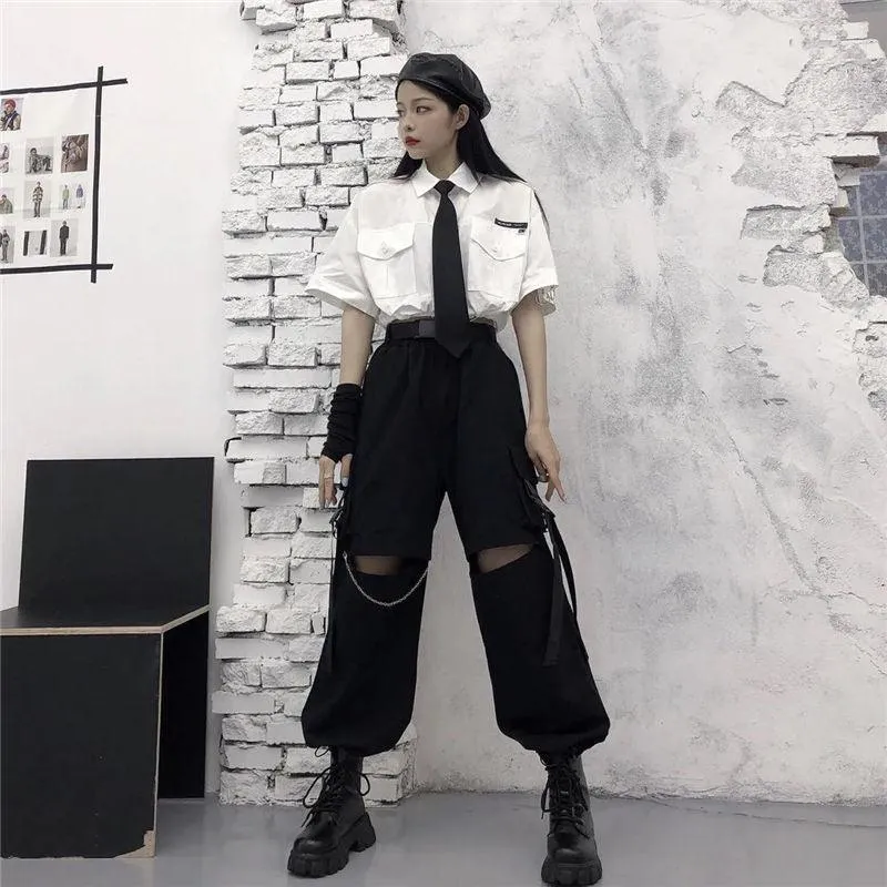Oversize Gothic Women's Cargo Pants with Chain - Punk Techwear Style