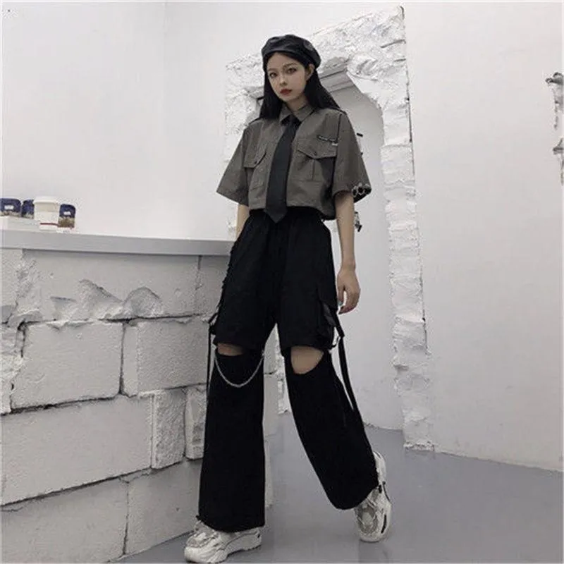 Oversize Gothic Women's Cargo Pants with Chain - Punk Techwear Style