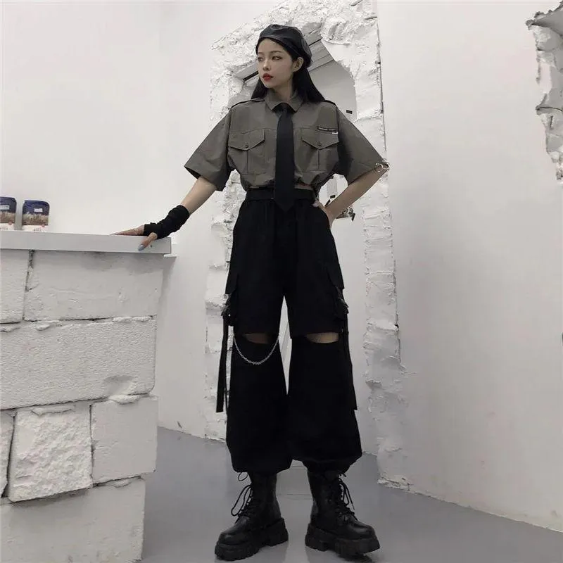 Oversize Gothic Women's Cargo Pants with Chain - Punk Techwear Style