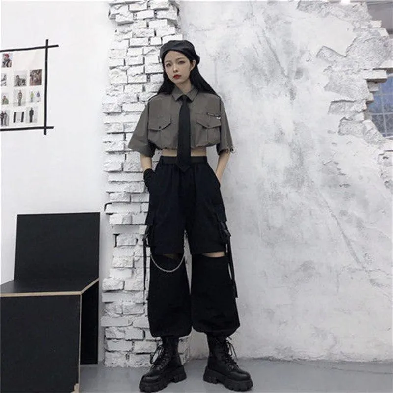 Oversize Gothic Women's Cargo Pants with Chain - Punk Techwear Style