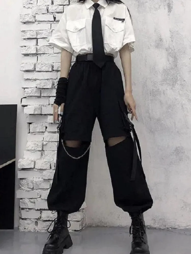 Oversize Gothic Women's Cargo Pants with Chain - Punk Techwear Style