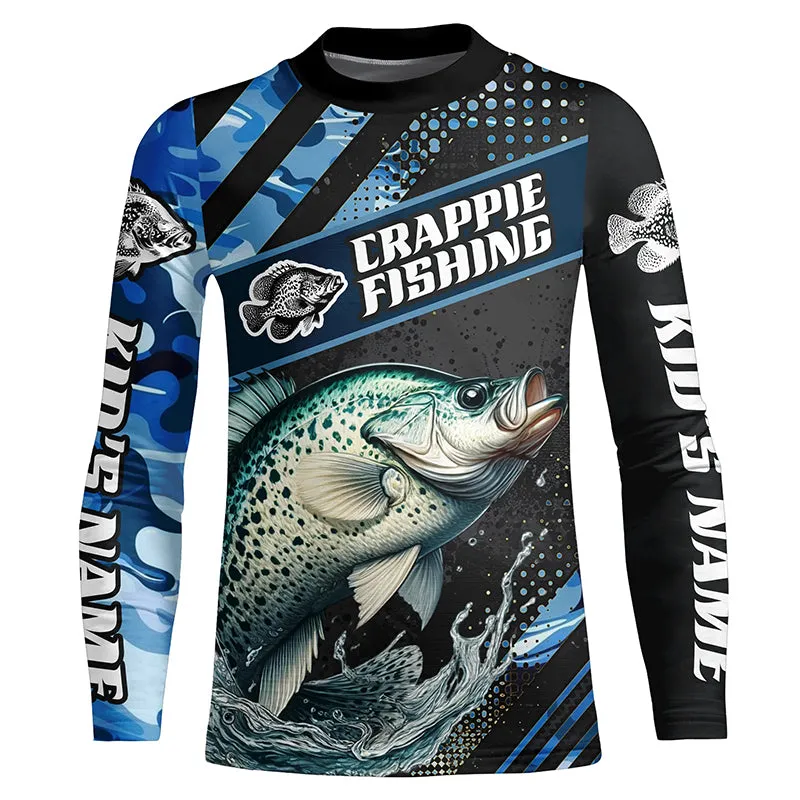 Personalized Blue Camo Crappie Fishing Jerseys, Crappie Long Sleeve Tournament Fishing Shirts IPHW6331
