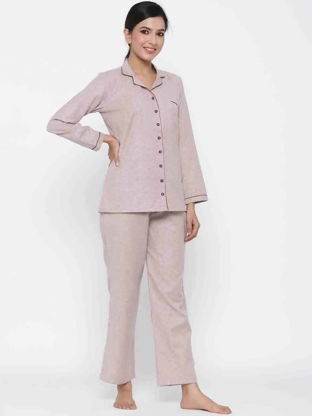 Pink Solid Straight Cotton Blend Sleepwear