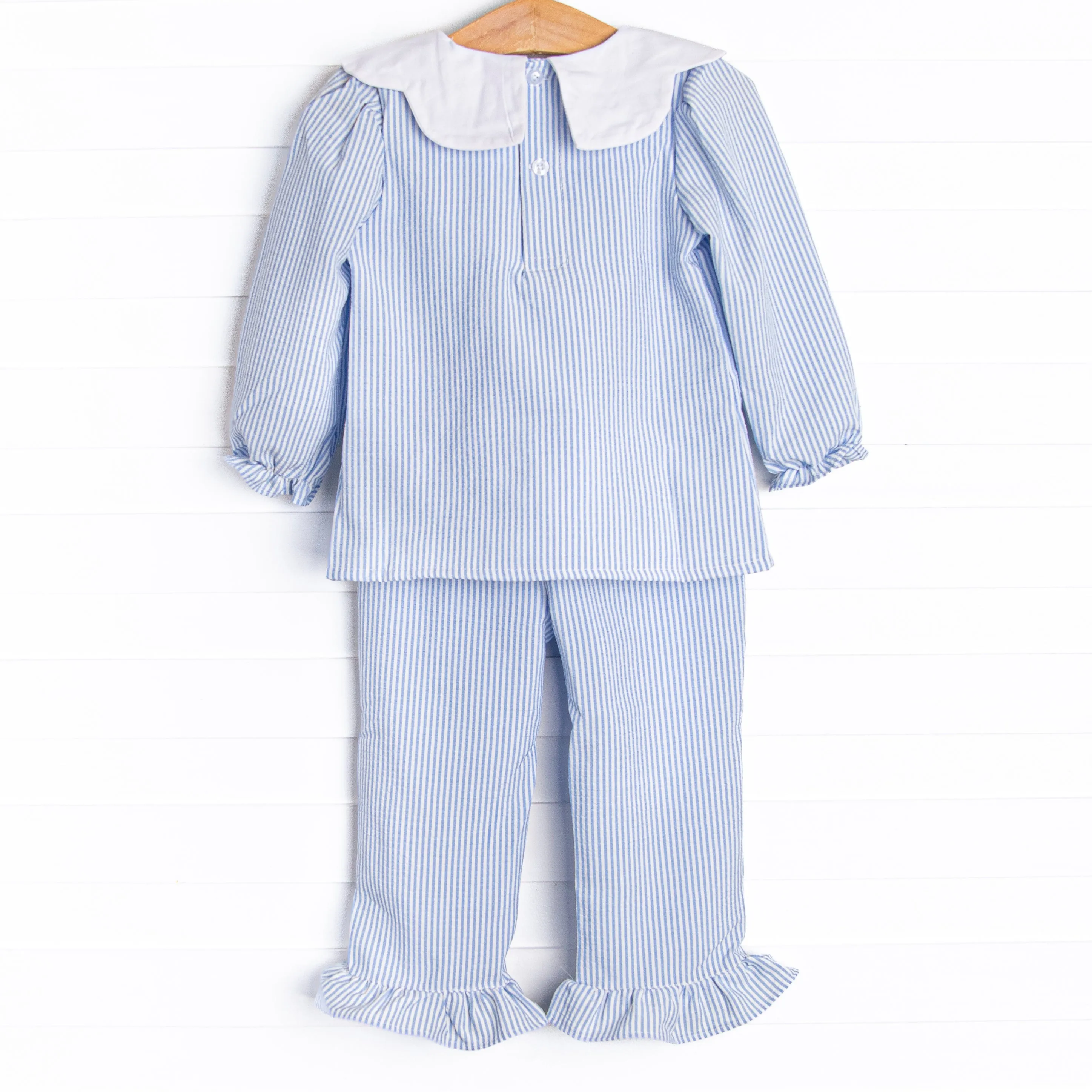 Pinstripe Prep Ruffle Pant Set, Blue