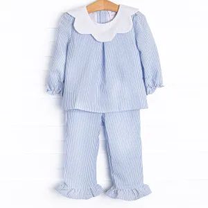 Pinstripe Prep Ruffle Pant Set, Blue
