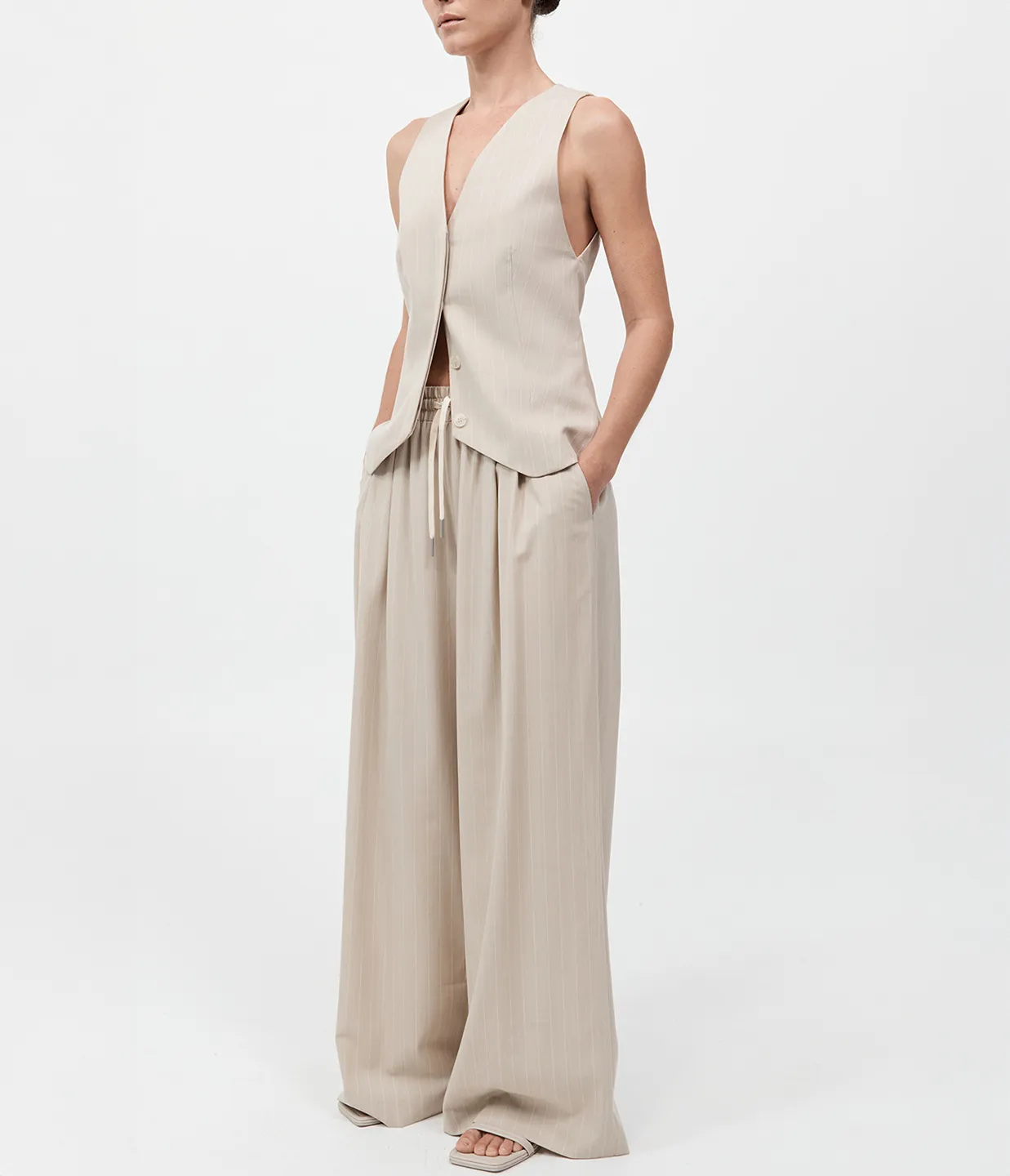 Pinstripe Wool Vest in Latte
