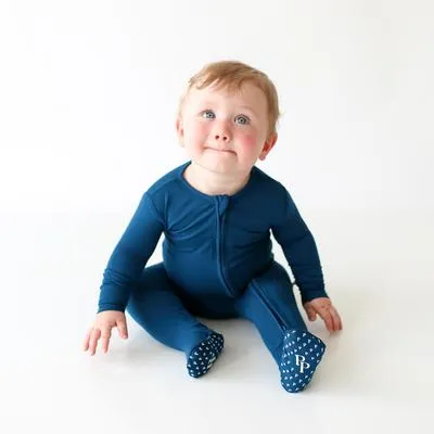 Posh Peanut Solid Color-Sailor Blue Footie Zippered One Piece