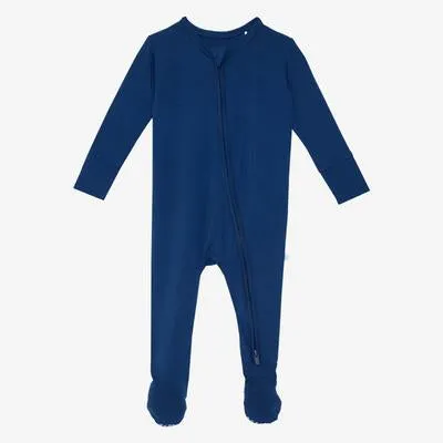 Posh Peanut Solid Color-Sailor Blue Footie Zippered One Piece