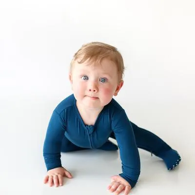Posh Peanut Solid Color-Sailor Blue Footie Zippered One Piece