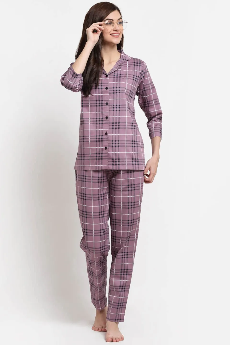 Purple Color Striped Printed Cotton Nightsuit for Women | S-XL | Claura