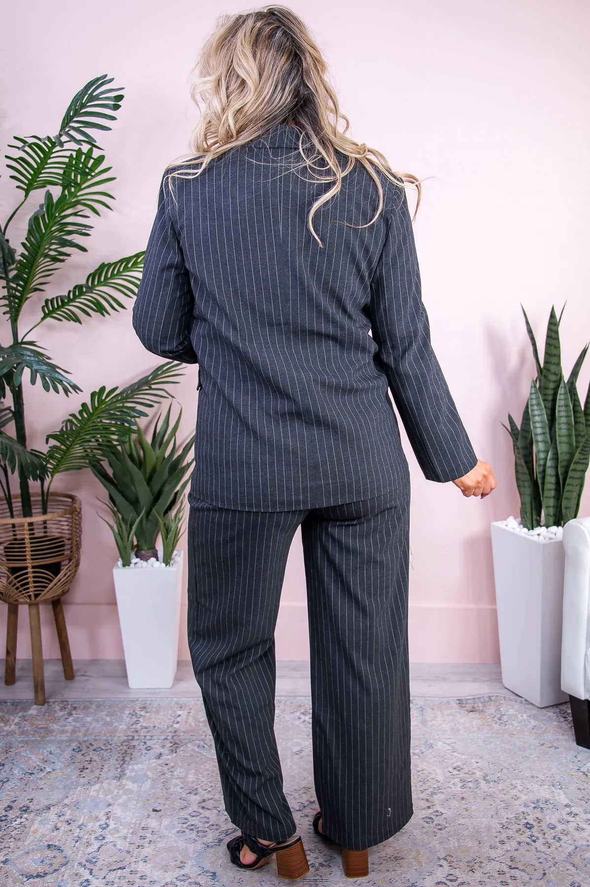 Queens Do Business Not Drama Charcoal Gray/Ivory Pinstripe Blazer/Pant (2-Piece Set) - O5397CG