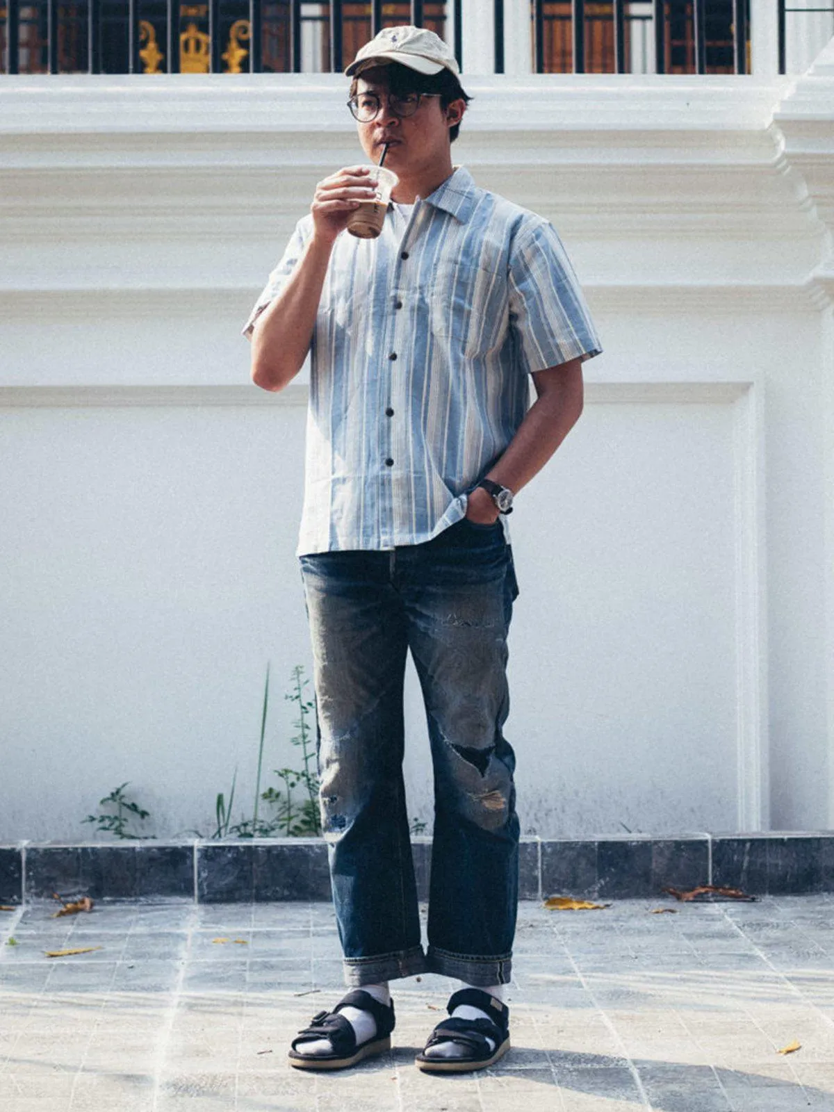 Qutn Button Down Weekend Shirt Sky Blue Stripes