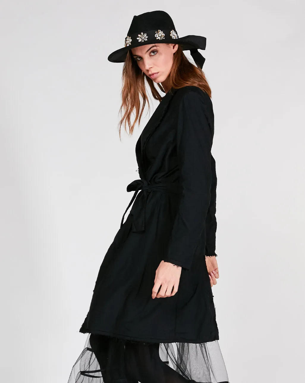Raw Hem Belted Long Blazer