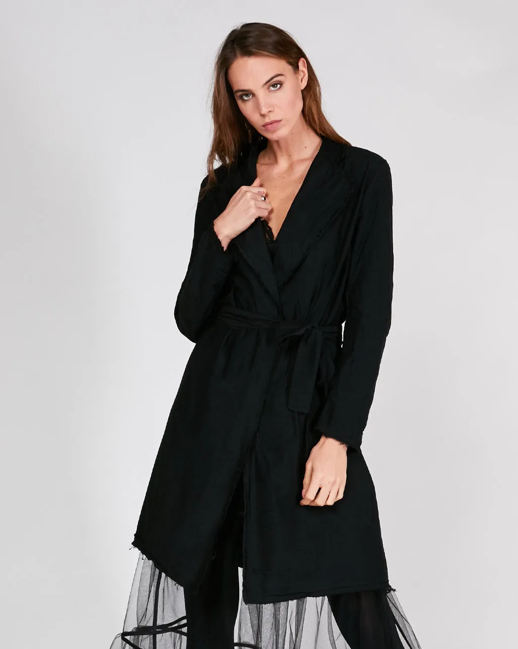 Raw Hem Belted Long Blazer