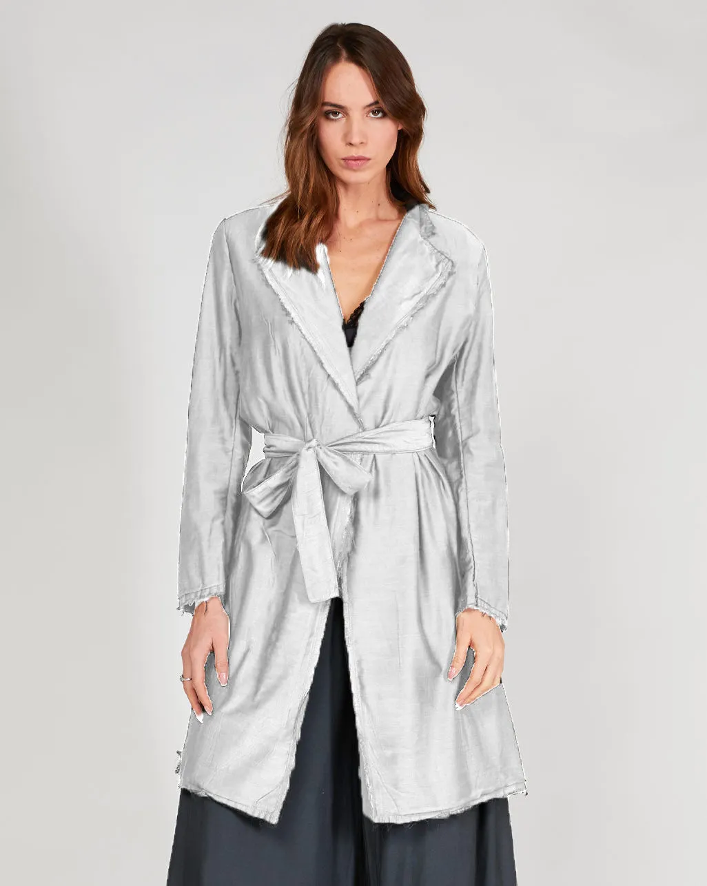 Raw Hem Belted Long Blazer