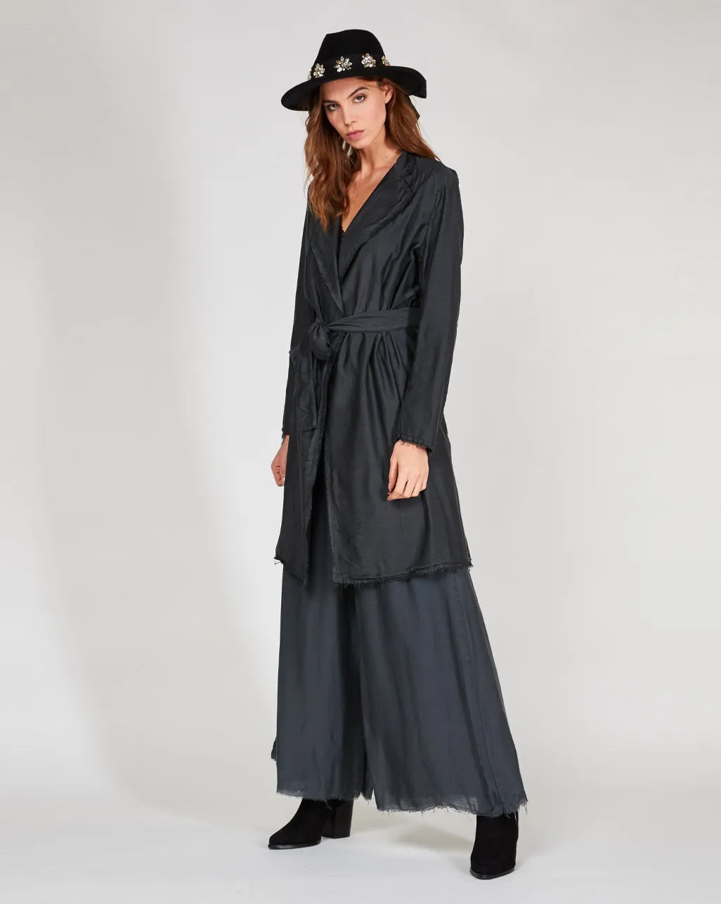 Raw Hem Belted Long Blazer